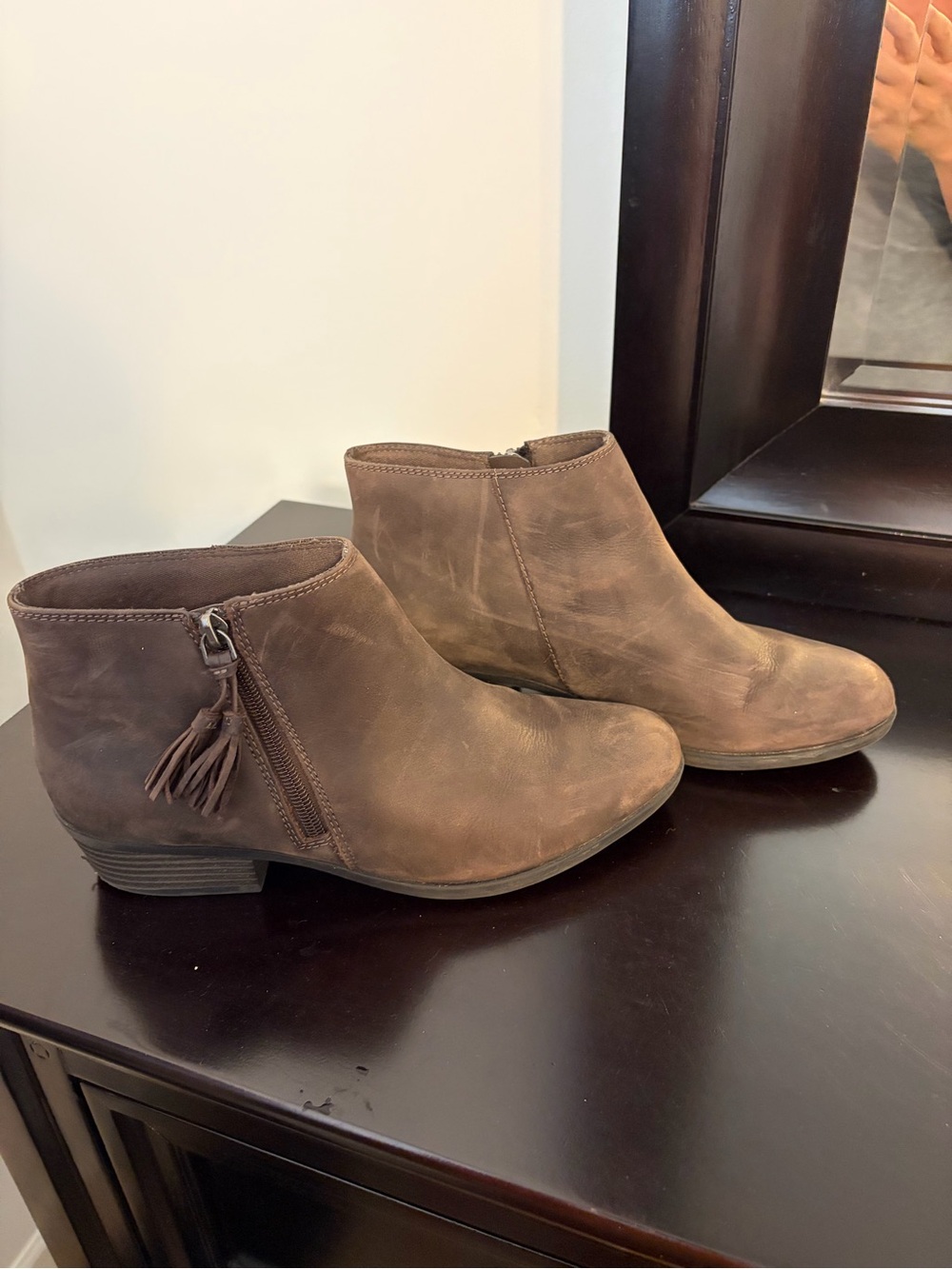 Clarks Brown Leather Ankle Booties with Tassel Side Zipper